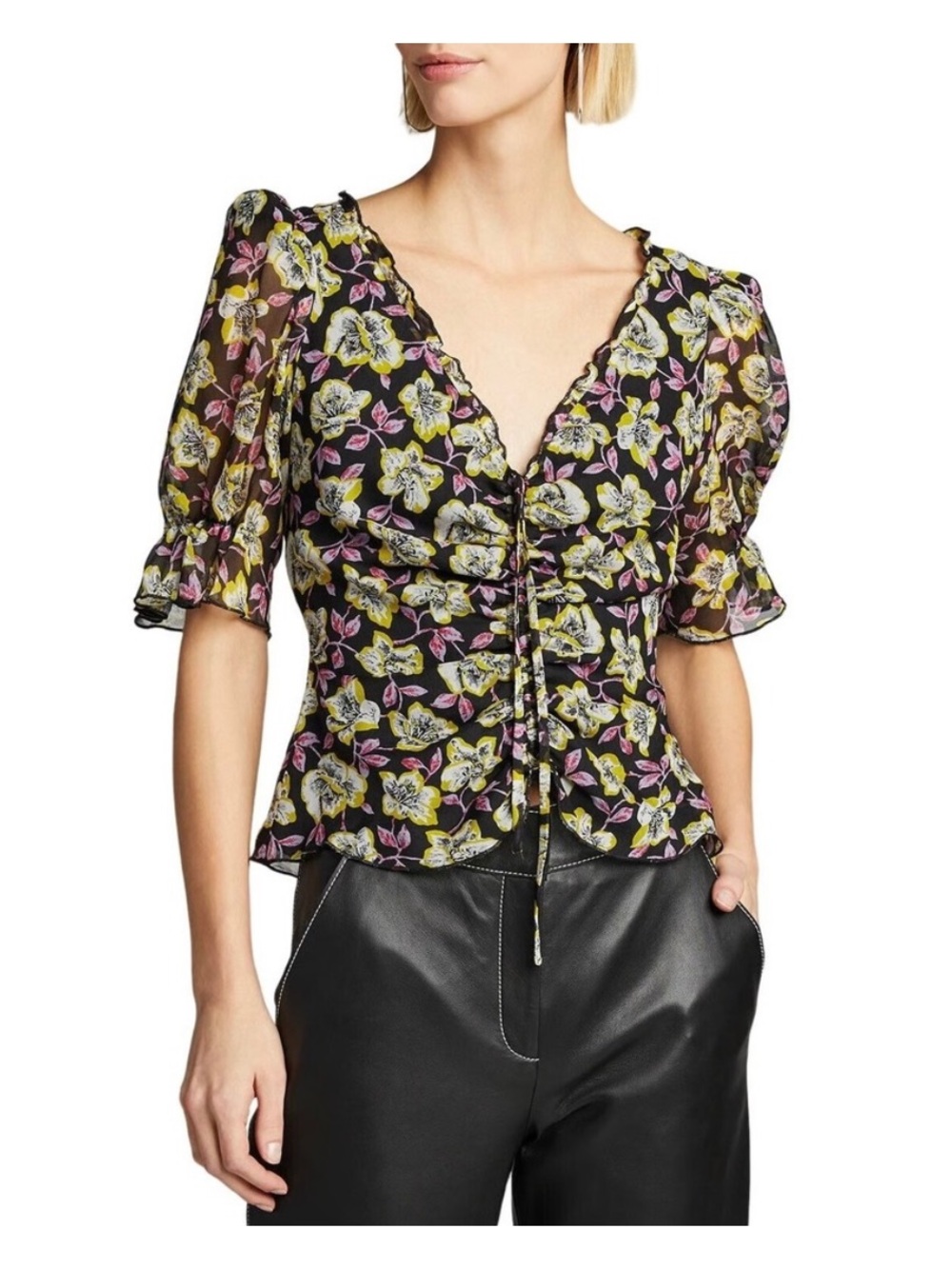 Cinq A Sept Kimberly Ruched Floral Blouse